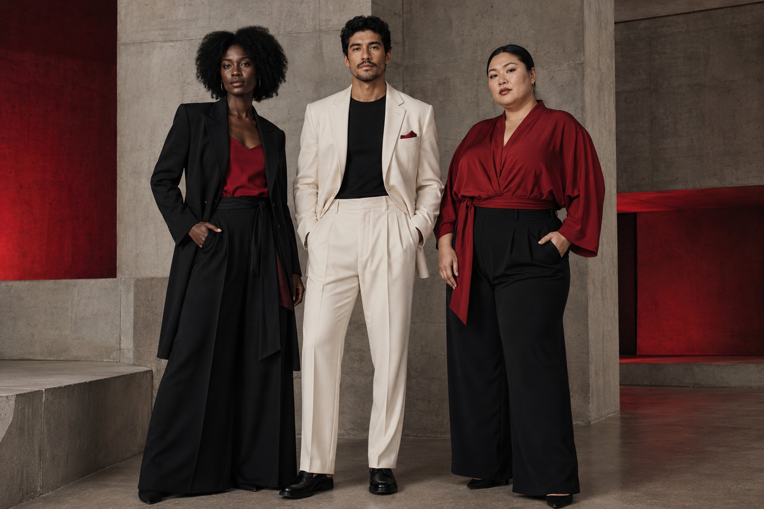 Three fictional diverse adult models in a studio campaign
