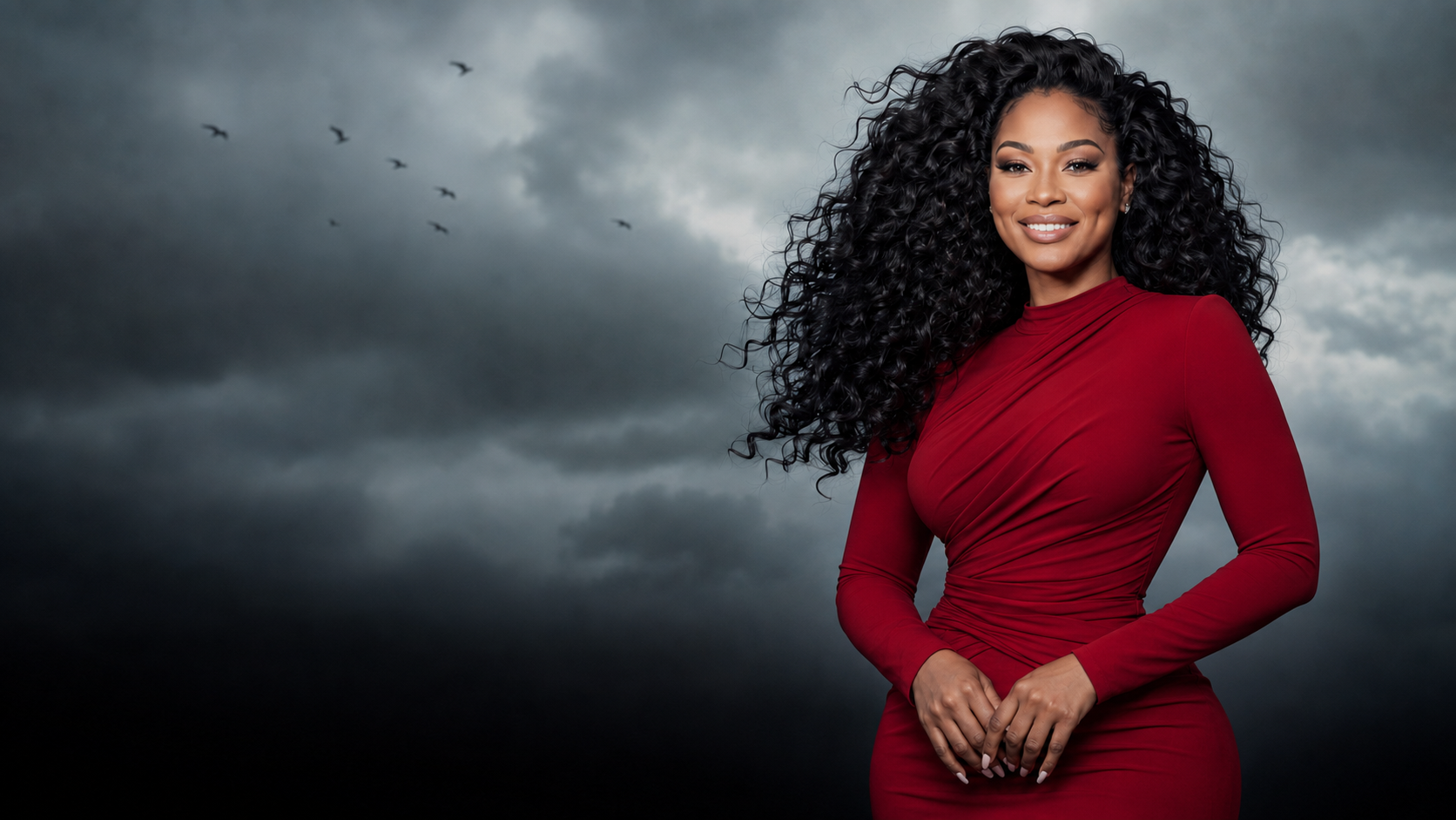 Fictional adult Black model with gray eyes, deep cheek dimples, voluminous curls, and a sleek fitted crimson gown